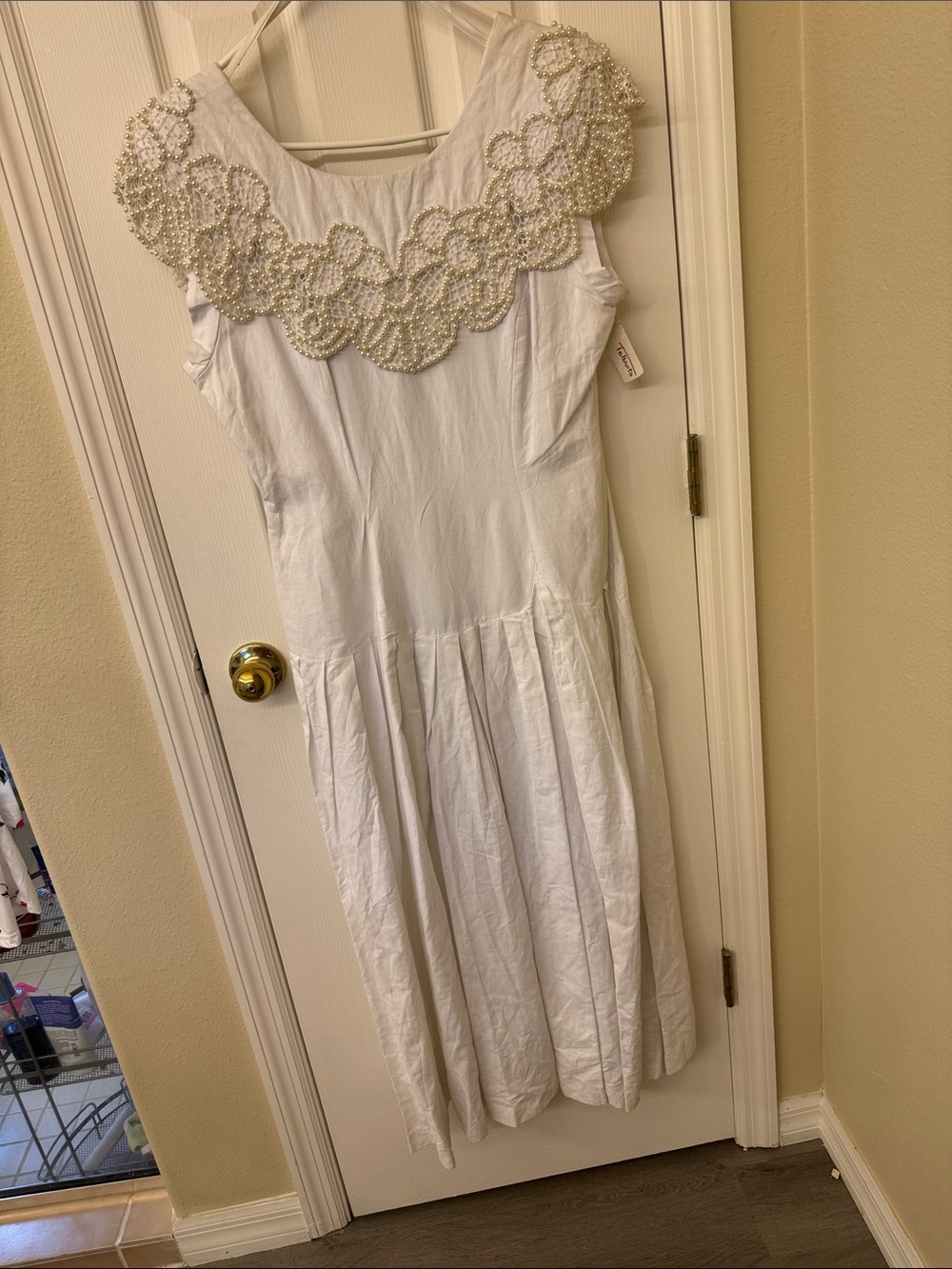 Talbots Sarah Elizabeth White Midi Dress with Pearl-Embellished Collar